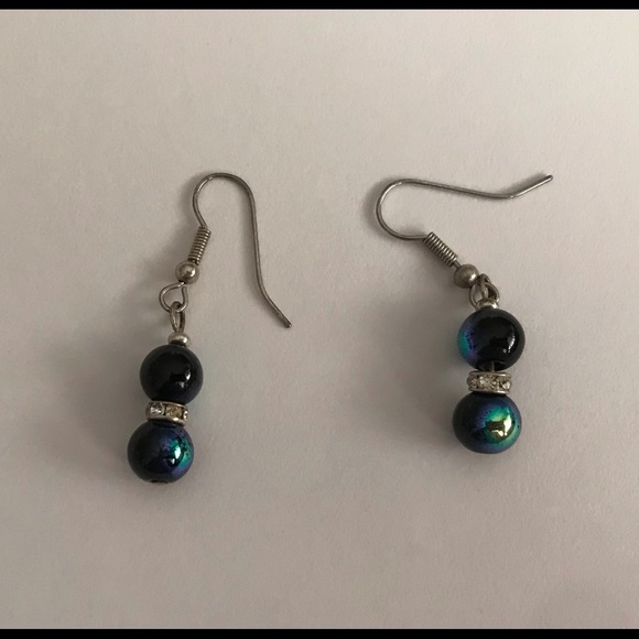 New Handmade by Artist Earrings Blue Beads Faux Diamonds - Picture 13 of 16